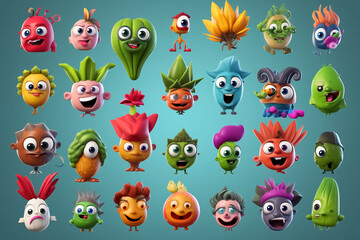 Obraz premium Vegetables and fruits character collection and icons funny stylized sketch cartoon characters. Generative AI.
