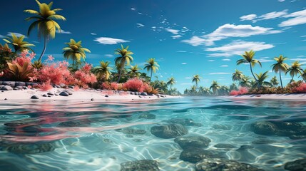  a tropical beach with palm trees and clear blue water in the foreground.  generative ai