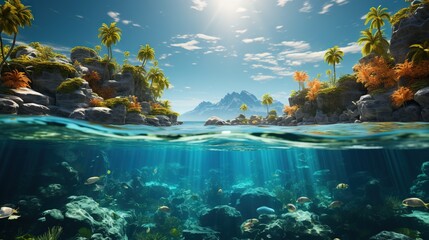  an underwater view of a tropical island with palm trees and corals.  generative ai