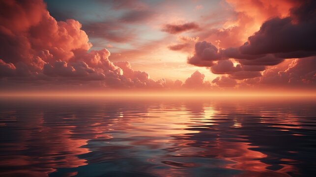  a beautiful sunset over the ocean with clouds reflecting in the water.  generative ai