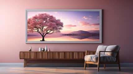  a painting of a pink tree in a room with a chair.  generative ai