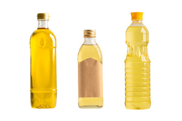 Vegetable oil with olive oil in different bottle for cooking isolated on white background with clipping path.