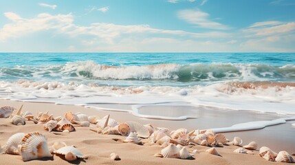 Fototapeta na wymiar a bunch of seashells on a beach with waves coming in. generative ai
