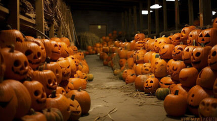 Halloween Behind the Scenes: Jack-o'-Lanterns and Pumpkins in a Warehouse - Generative AI