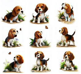 A cute Beagle puppy set of 9 poses isolated on white background	