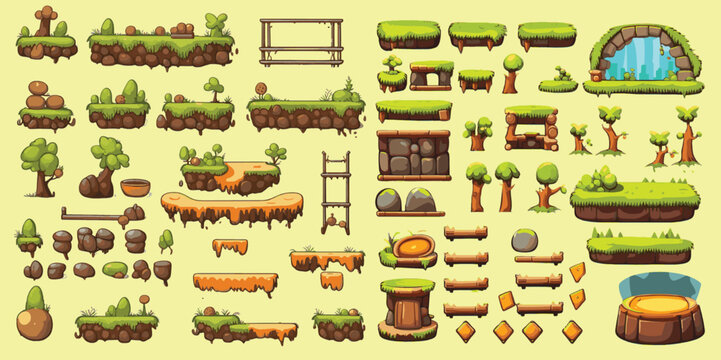 Platformer Game Assets,Set of game elements. Elements for mobile game, 2d game application