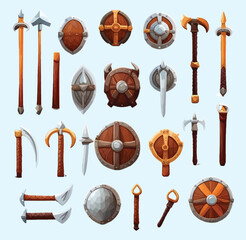 Fantasy game vector icon set, medieval UI game badge, wooden warrior shield, full gold chest, potion. Magic RPG objects kit, knight weapon standard. Game icon collection