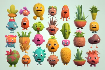 Fotobehang Vegetables and fruits character collection and icons funny stylized sketch cartoon characters. Generative AI. © Surachetsh