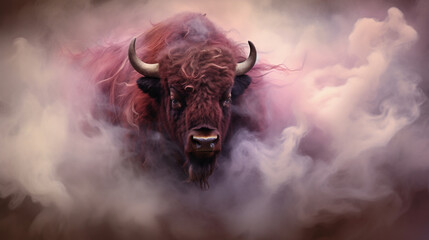 Generative AI image of an American Bison amidst maroon smoke, symbolizing strength and resilience as it roams the untamed landscapes with magnificence.