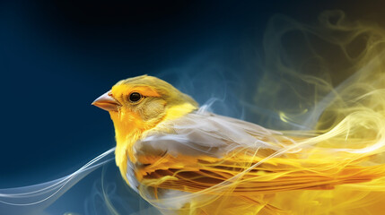 Generative AI image of an Atlantic canary surrounded by luminous yellow smoke, showcasing the bird's vibrant charm in a captivating artistic form. - obrazy, fototapety, plakaty