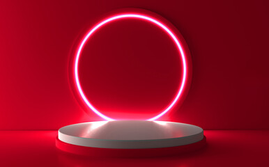 Red realistic 3d cylinder stand podium with glowing neon in circle shape. Abstract 3D Rendering rendering geometric forms. Minimal scene. Stage showcase, Mockup product display.