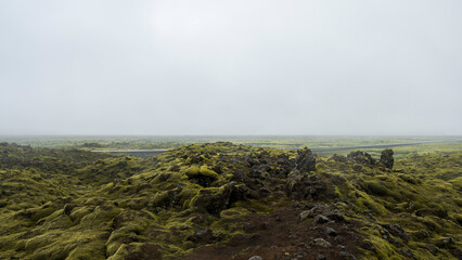 Eldrhaun lava field in south iceland on a foggy moody day in summer