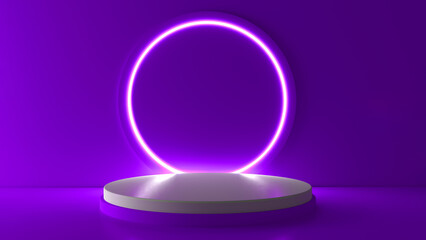 Purple realistic 3d cylinder stand podium with glowing purple neon in circle shape. Abstract 3D Rendering geometric forms. Minimal scene. Stage showcase, Mockup product display.