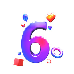 Volumetric Glossy Blue and Pink Number 6 Isolated Graphic Shapes on Gradient Background. 3D Rendered Alphabet.