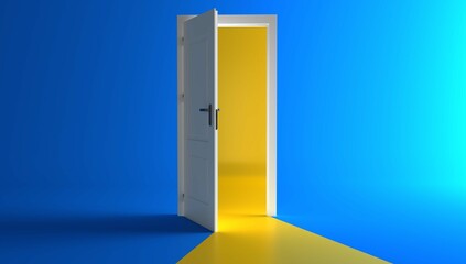 Open the door. Symbol of new career, opportunities, business ventures and initiative. Business concept. 3d render, yellow light inside open door isolated on blue background. Modern minimal concept.