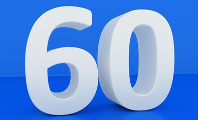 Number 60 in white on light blue background, isolated number 3d rendering. Sixty word text.
