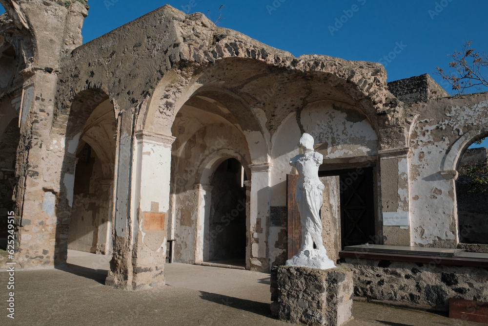 Poster Cathedral of Our Lady of the Assumption of famous Aragonese Castle near Ischia Island, at the northern end of the Gulf of Naples, Italy.