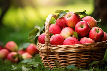 Naklejka na ściany i meble Wicker basket full of apples on green leaves background