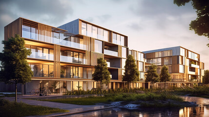 Fototapeta na wymiar Modern and environmentally friendly apartment buildings built over water. AI generativ.