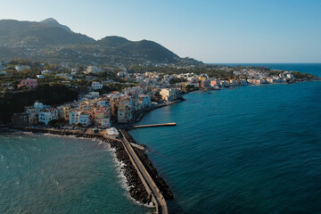 Fototapeta na wymiar View of the area from Ischia Ponte to the Port of Ischia from the Aragonese Castle, Gulf of Naples, Italy.