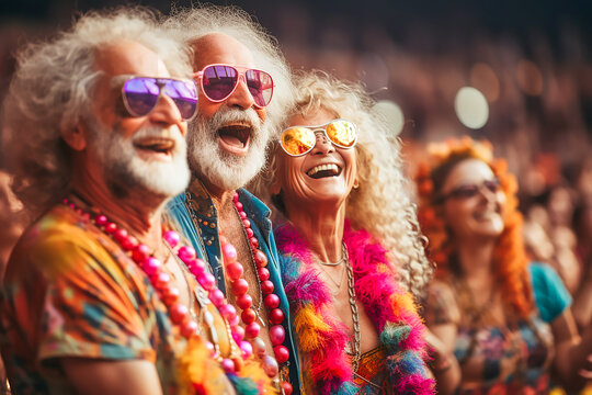 Smiling Older Women And Men Hippies In 70s Clothing Chanting At The Concert. AI Generative.