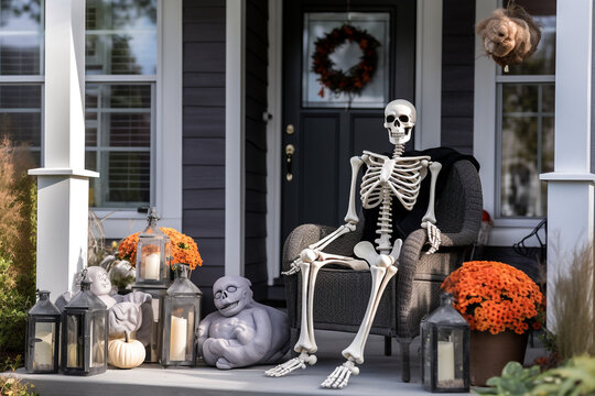 Halloween background. Decorative skeleton sits on orange pumpkins on the porch. Halloween decor. High quality photo