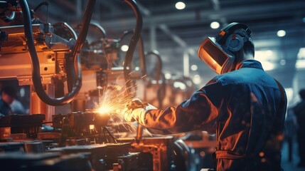 Engineer check and control welding robotics automatic arms machine in factory automotive industrial. blurred digital manufacturing operation. Industry.