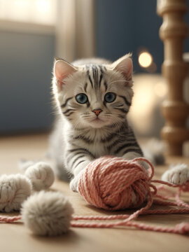 American shorthair cat kitten playing with wool. Generative AI image