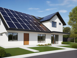 Modern house with solar panels on the roof,  generative ai. Alternative electricity source. Renevable energy green power