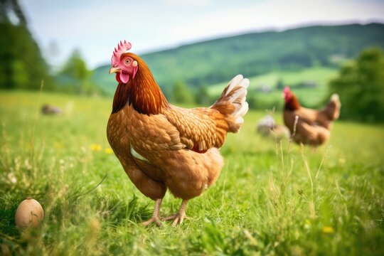 happy free range organic chicken in the meadow, generative AI