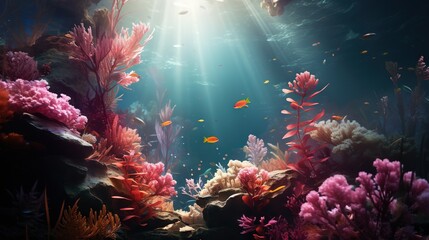 Naklejka na ściany i meble an underwater scene with corals and fish in the water. generative ai