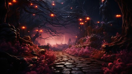  a path through a dark forest with lots of red flowers.  generative ai