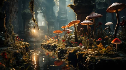 Foto op Plexiglas  a bunch of mushrooms that are in the grass near water.  generative ai © Jevjenijs
