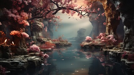  a painting of a river surrounded by rocks and trees with pink flowers.  generative ai