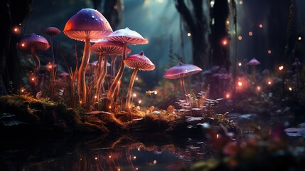  a group of mushrooms that are in the grass near water.  generative ai