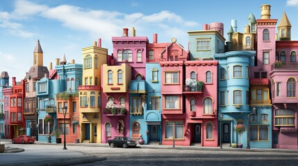  a large group of multicolored buildings on a city street.  generative ai