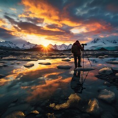  a man standing on a beach with a camera in his hand.  generative ai