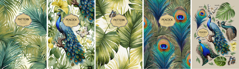 Luxurious peacock, plants and flowers. Vector watercolor illustration of tropical palm leaves, fern, peacock feather, butterfly for pattern, wallpaper or background - 625251383