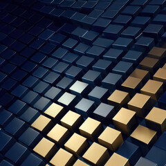 Dark and gold cube or tile mosaic abstract background. Gold and blue cubes randomly arranged in a grid.generative AI