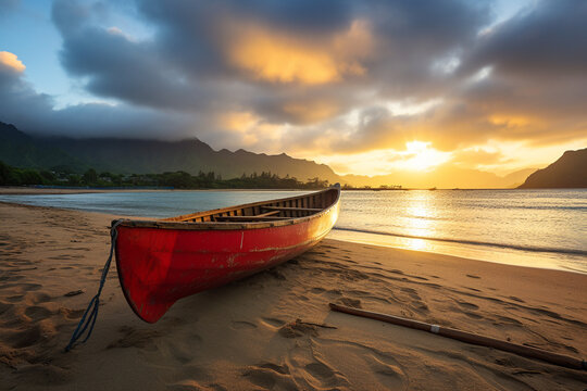 Fototapeta Old red hawaiian canoe abandoned on the sandy beach on sunset. High quality photo