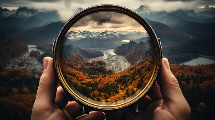  a person holding a magnifying glass looking at a landscape.  generative ai