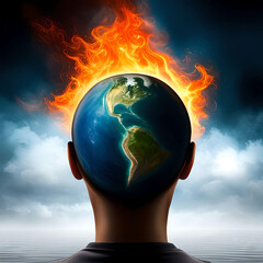 An Illustration of a Burning Earth on the Mind of a Person Looking Out Over Gloomy Dark Clouds