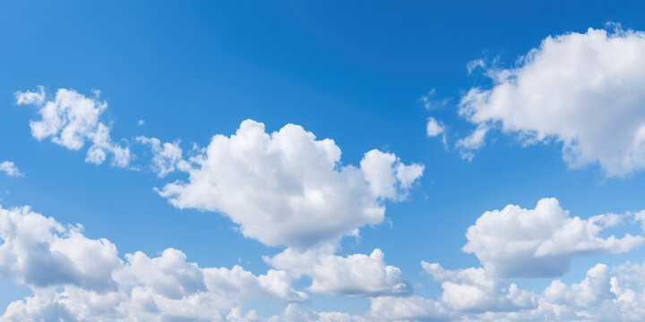 Beautiful bright blue sky with light white clouds. Generative AI