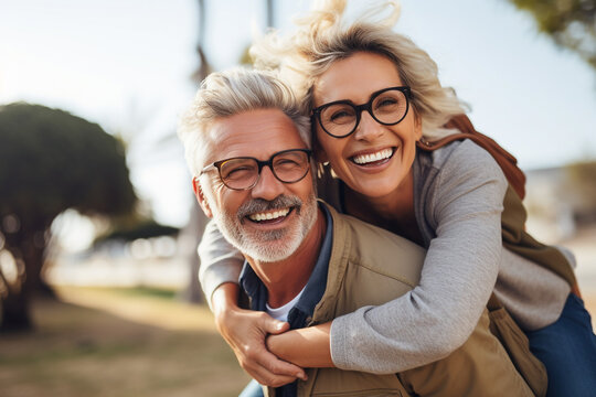 overjoyed adult couple having fun outdoors. High quality photo