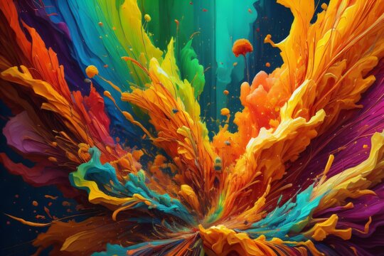Color Explosion. Interplay of fractal paint and rich texture on the subject of imagination, creativity and art. Created with generative AI tools