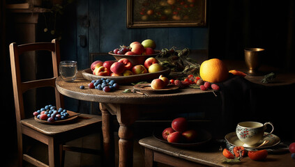 Illustration still life with fruit on wooden table, rustic kitchen, in dramatic tones. AI generator