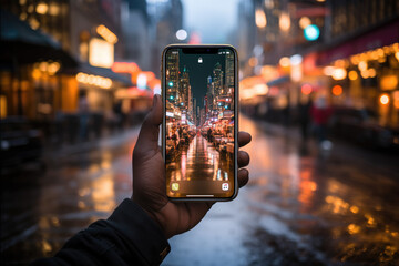 Fototapeta na wymiar Generative AI illustration of crop anonymous person taking photo on modern smartphone of evening city street after rain with glowing lights