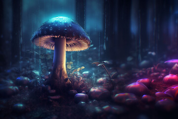 Vibrant illustration of irisdiscent mushrooms, in the forest at night, created by AI generator