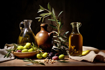 Still life of olives and olive oil bottles on wooden table | AI generated