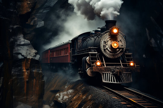 Old steam train pulling into a tunnel belching steam and smoke. High quality photo